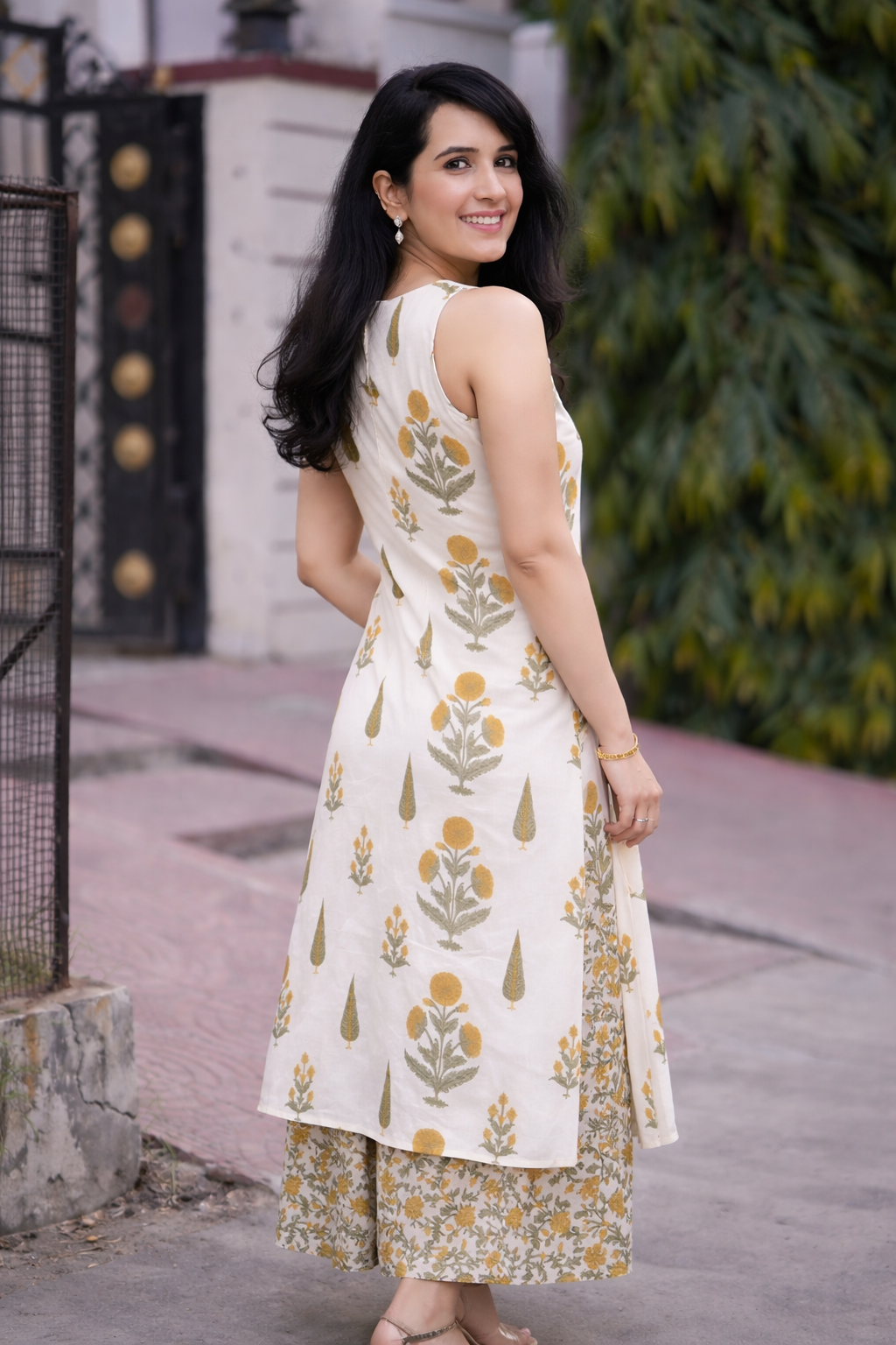 Fine Cotton A-Line Kurta With Palazzo set-White