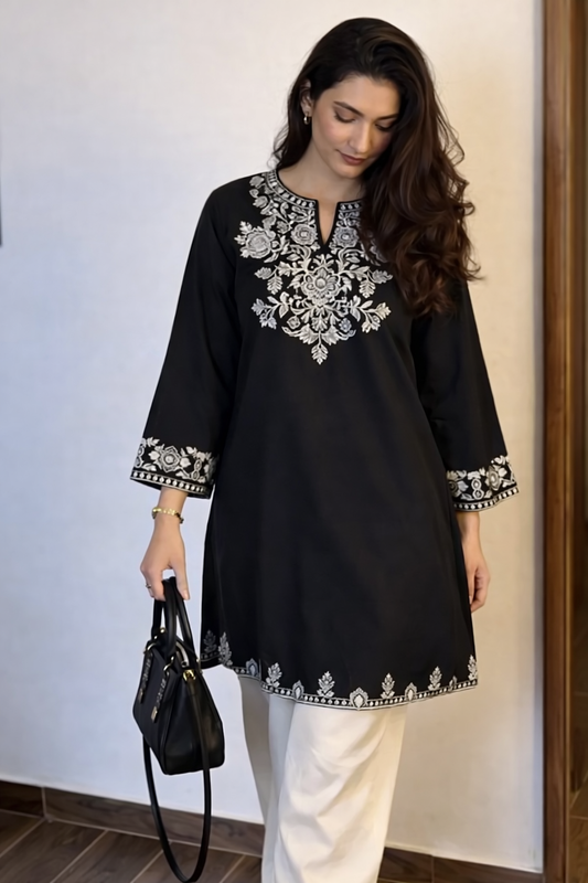 Cotton Embroidered Kurta With Palazzo Set-Black