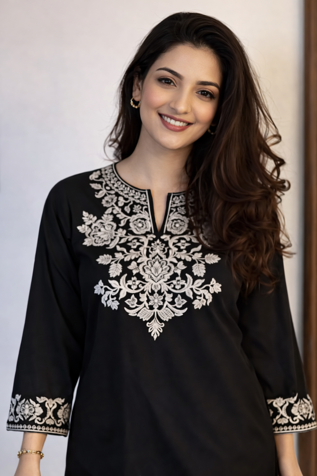 Cotton Embroidered Kurta With Palazzo Set-Black