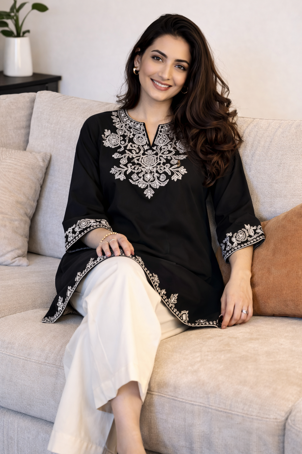 Cotton Embroidered Kurta With Palazzo Set-Black
