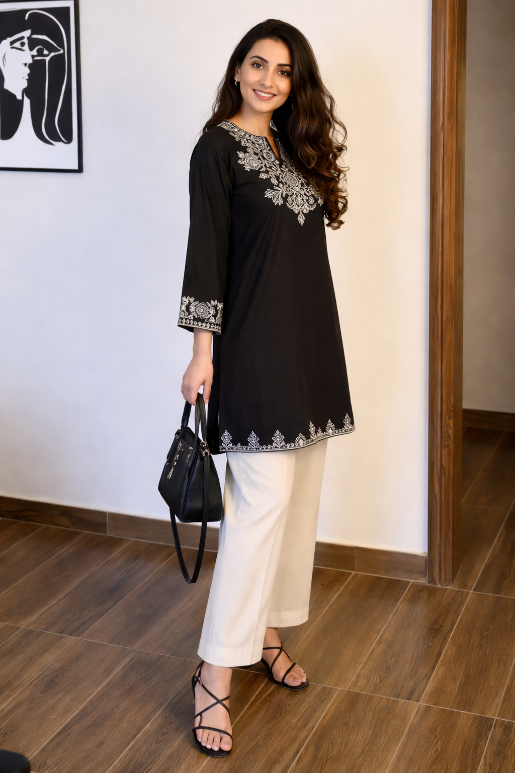 Cotton Embroidered Kurta With Palazzo Set-Black