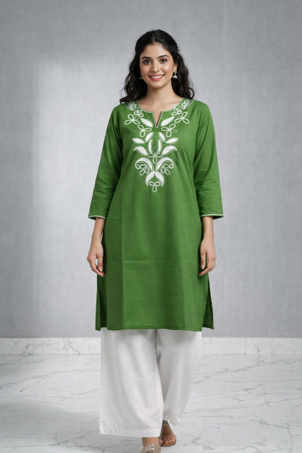 Cotton Embroidered Kurta With Palazzo set - Green