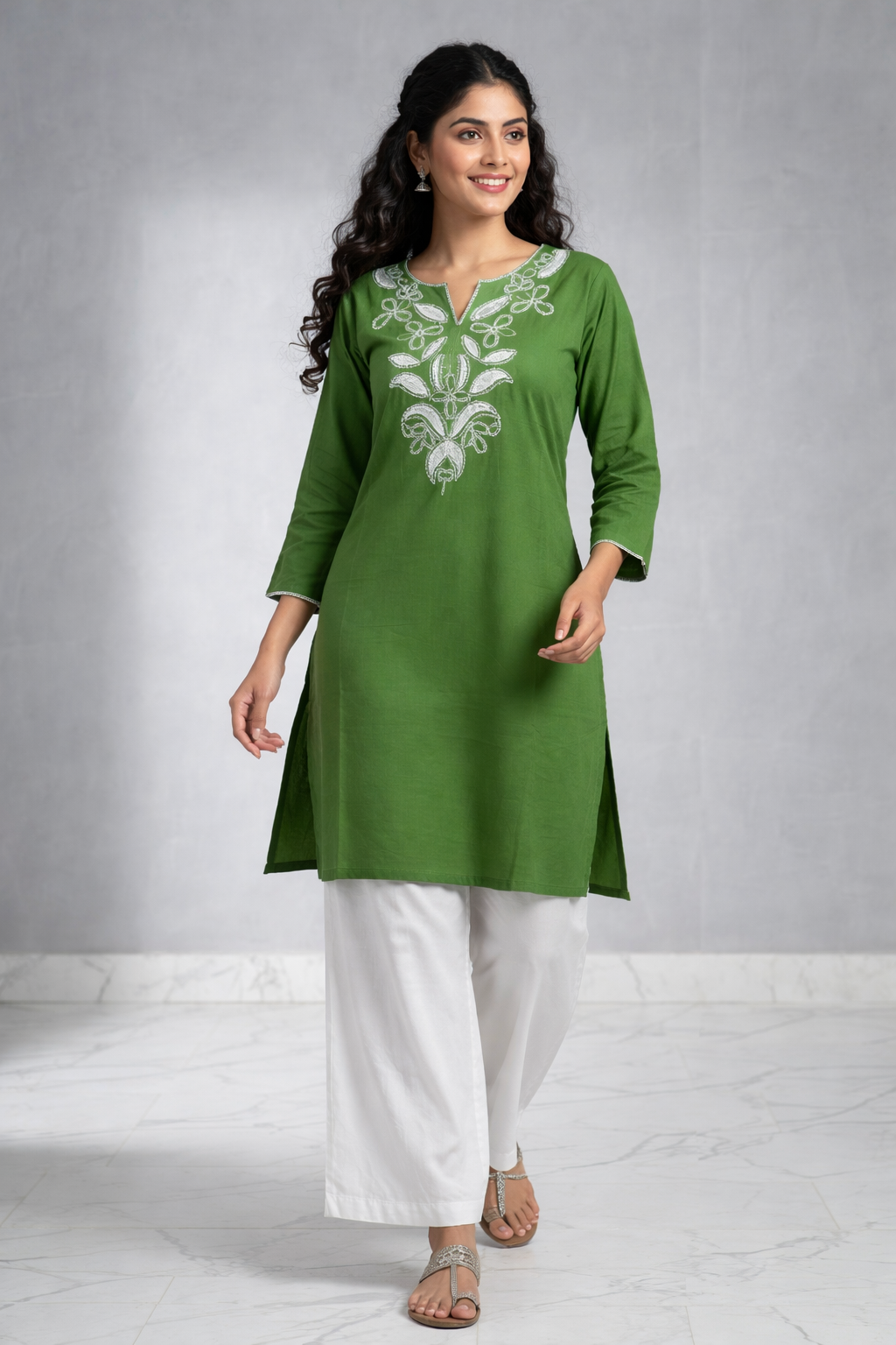 Cotton Embroidered Kurta With Palazzo set - Green