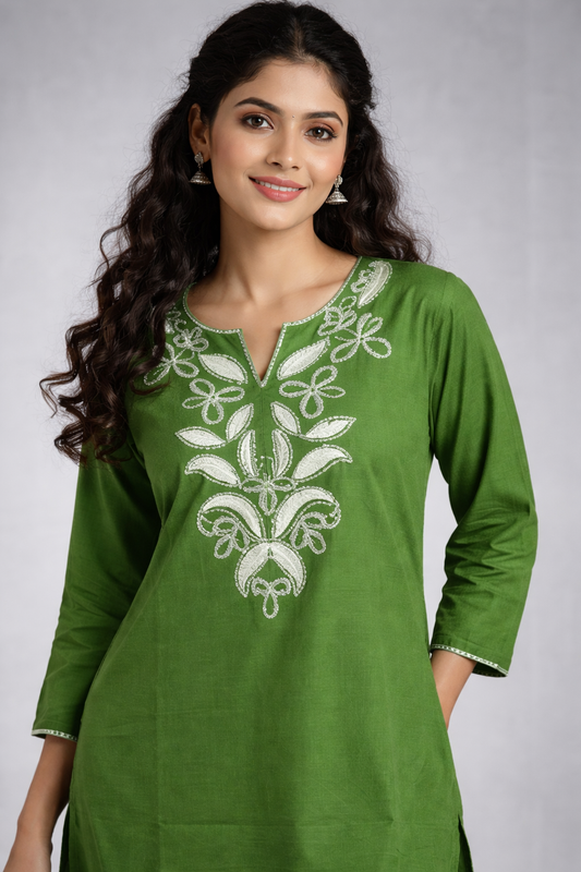 Cotton Embroidered Kurta With Palazzo set - Green