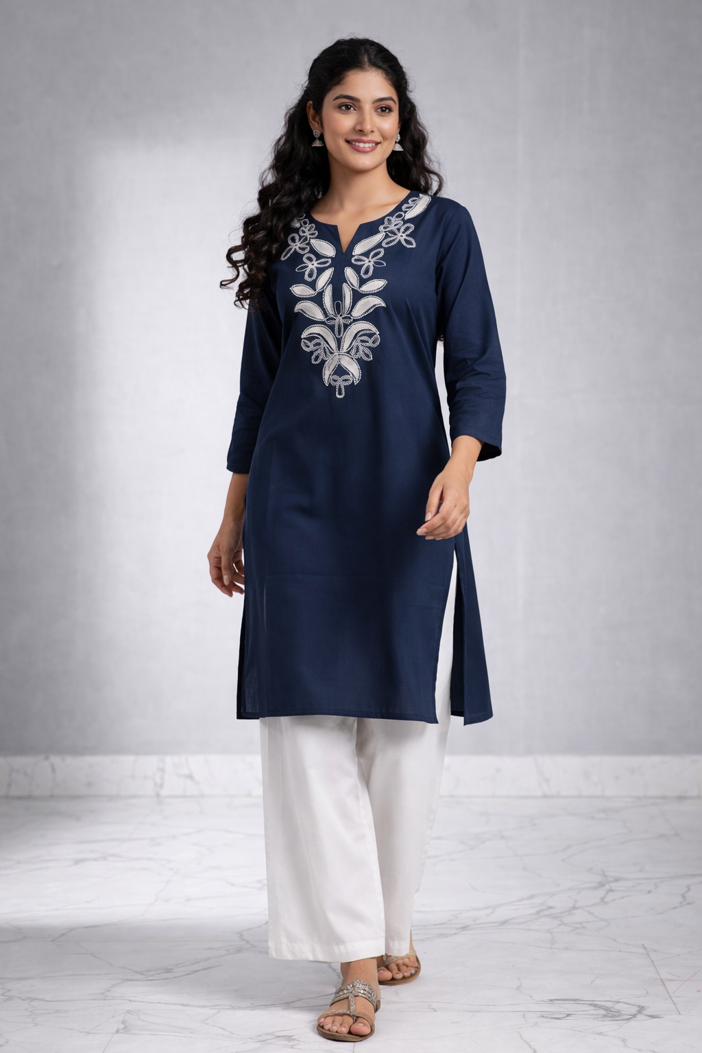 Cotton Embroidered Kurta With Palazzo set - Navy Blue