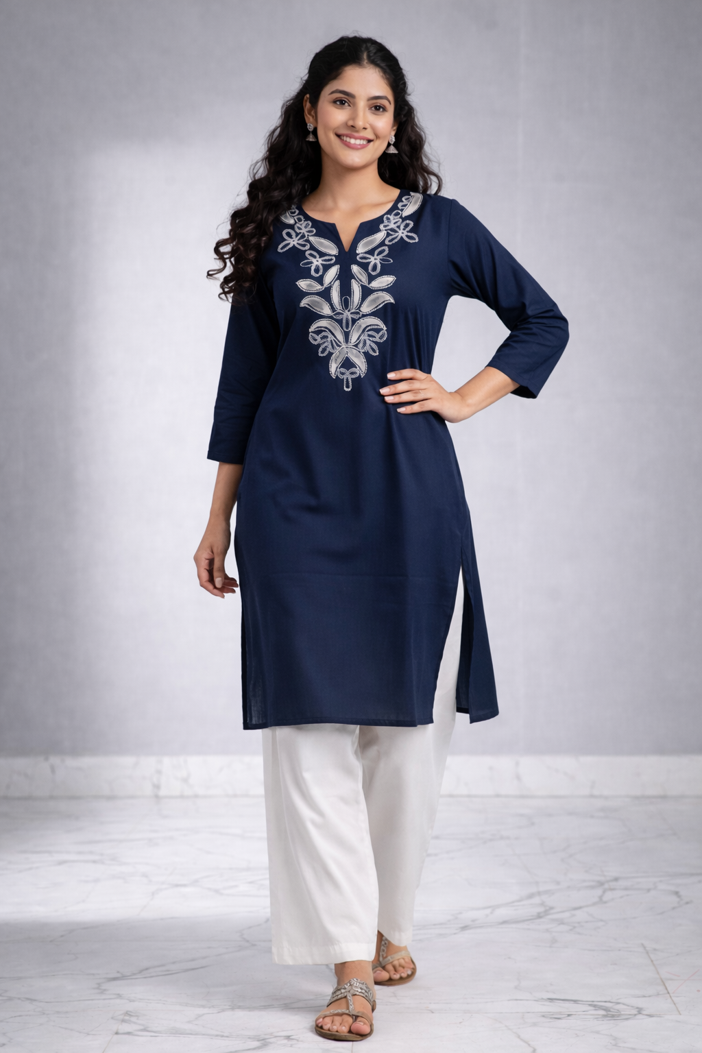 Cotton Embroidered Kurta With Palazzo set - Navy Blue