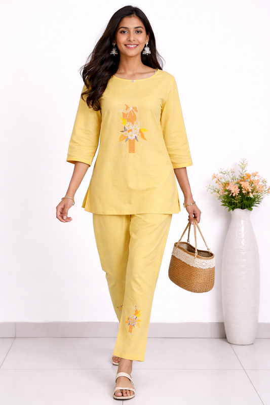 Cotton Embroidery Kurti With Pant Co-ord Set-Soft Pastel Yellow