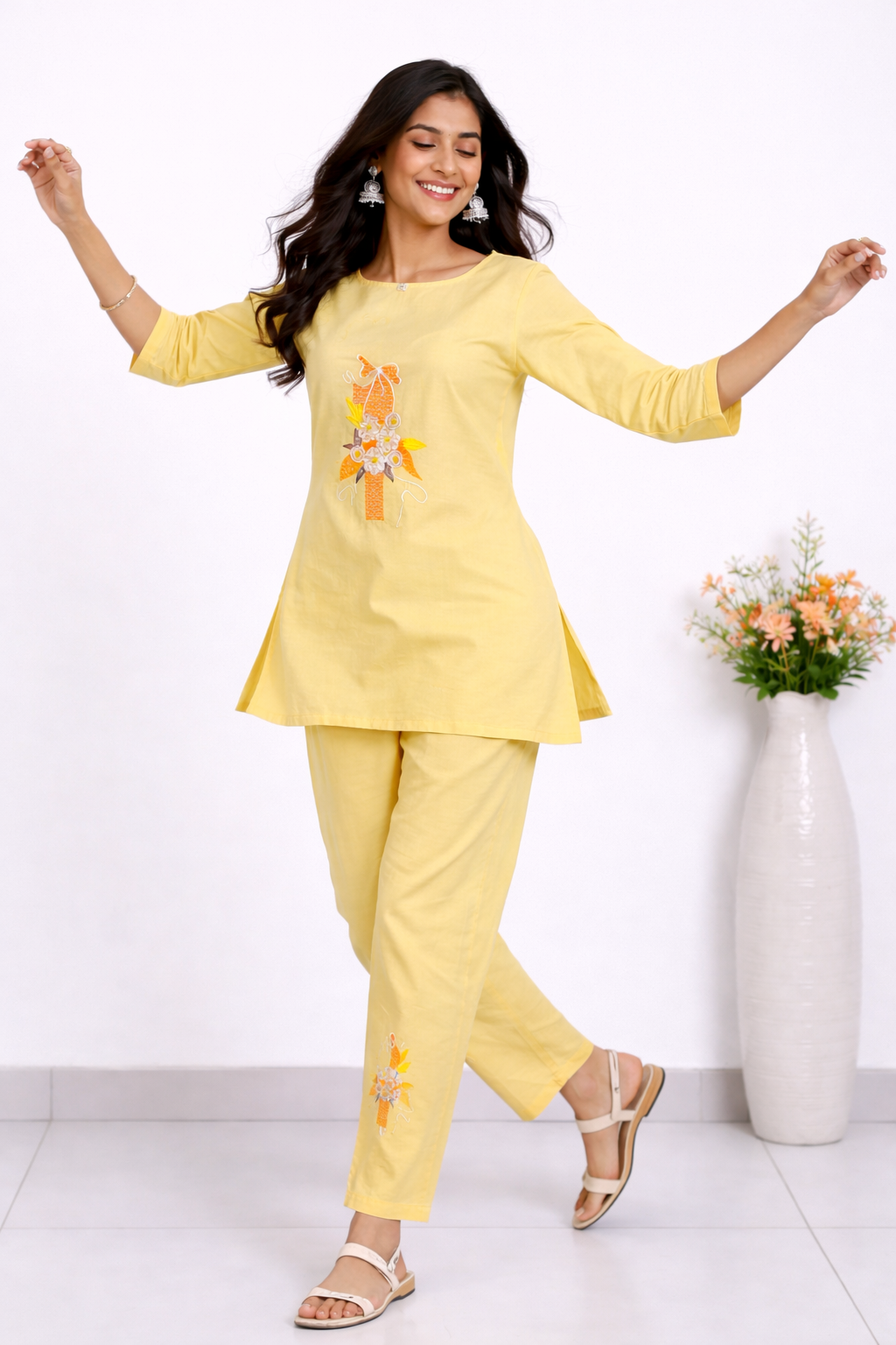 Cotton Embroidery Kurti With Pant Co-ord Set-Soft Pastel Yellow