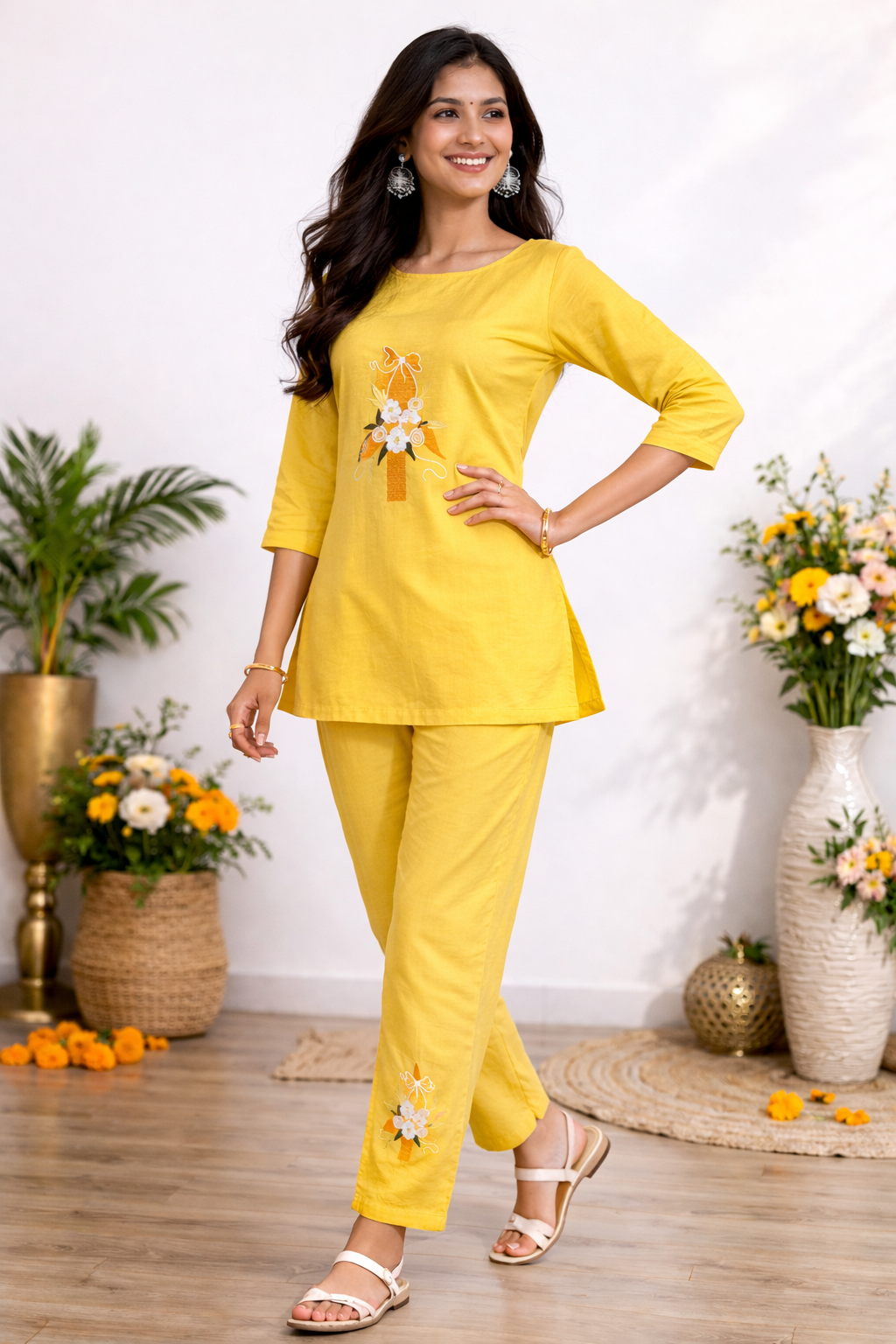 Cotton Embroidery Kurti With Pant Co-ord Set-Yellow