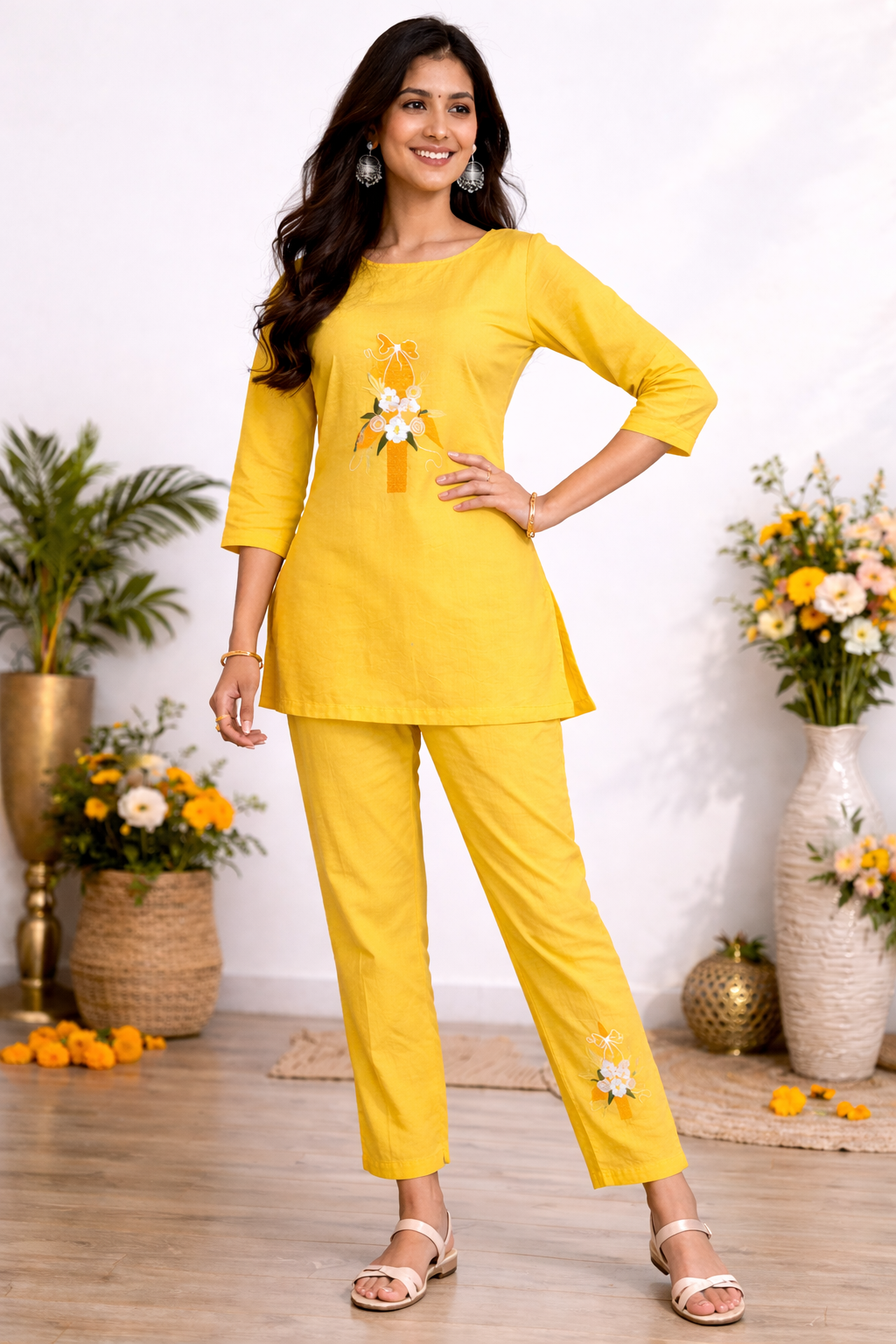 Cotton Embroidery Kurti With Pant Co-ord Set-Yellow
