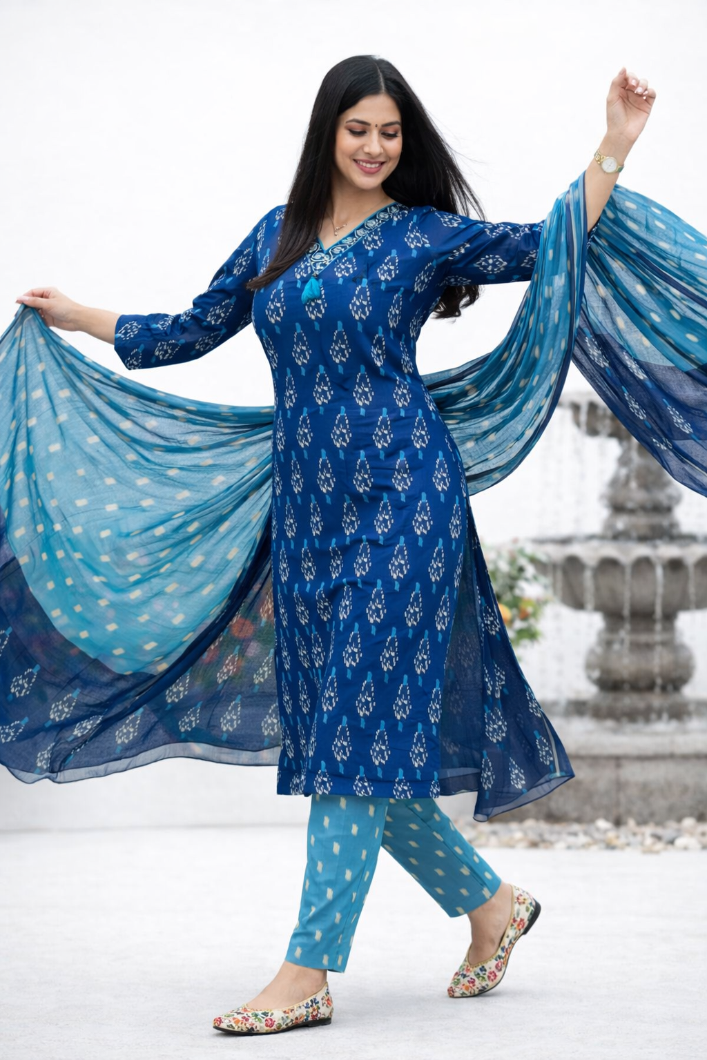 Cotton Kurta,Pant and Dupatta set-Blue