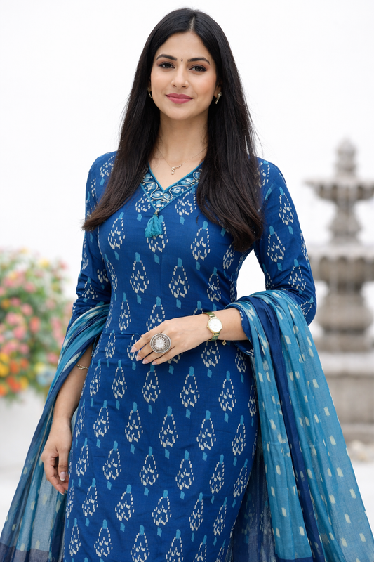 Cotton Kurta,Pant and Dupatta set-Blue