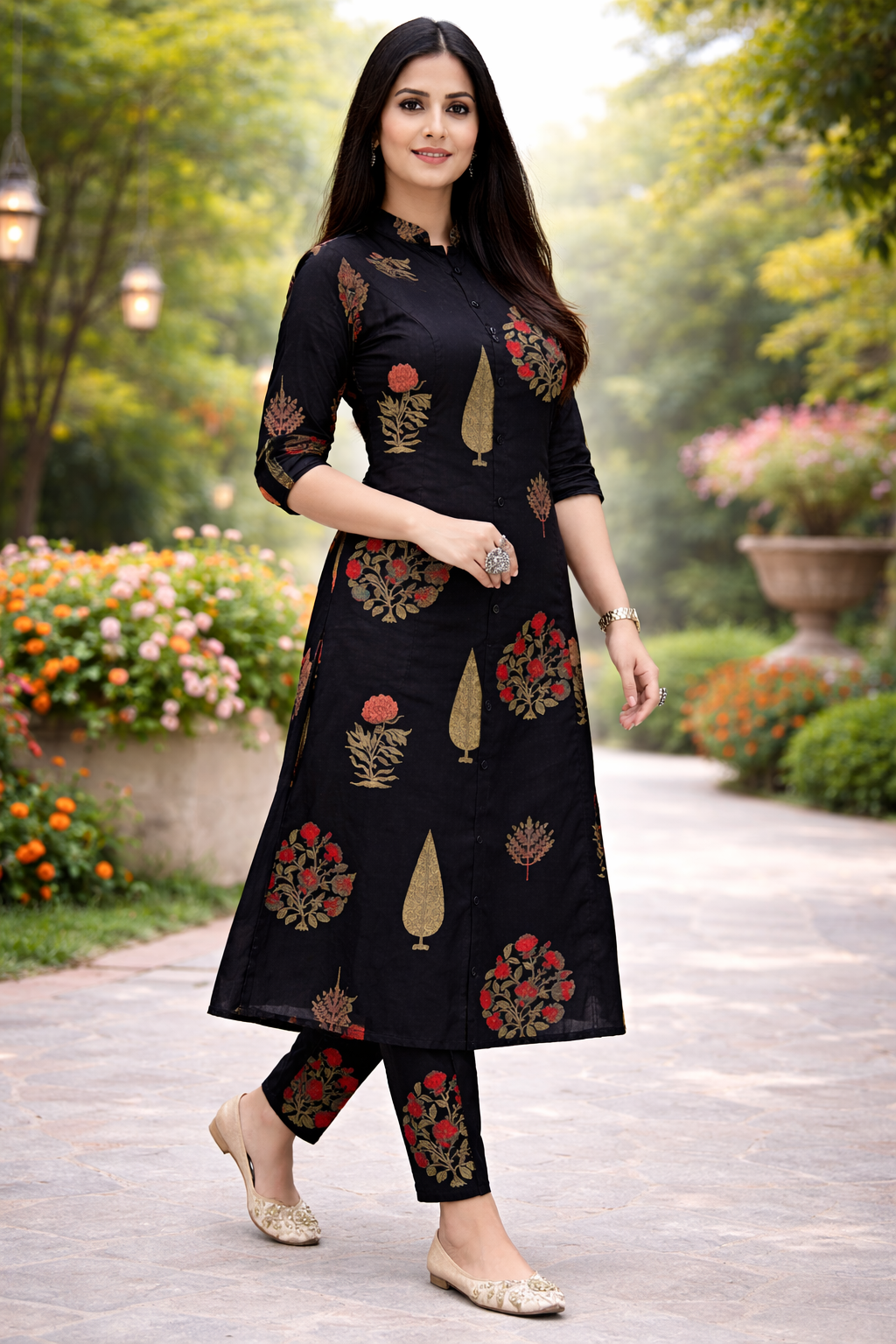 Cotton A-Line Floral Kurta Pant set - Black