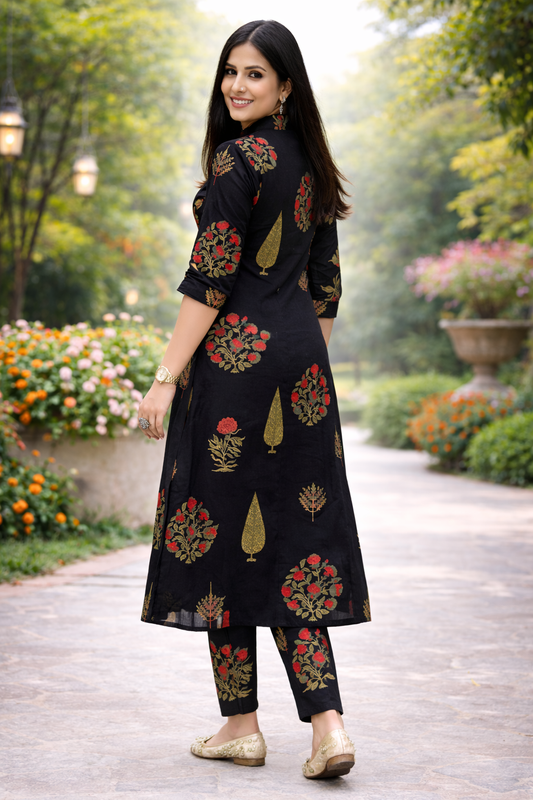 Cotton A-Line Floral Kurta Pant set - Black