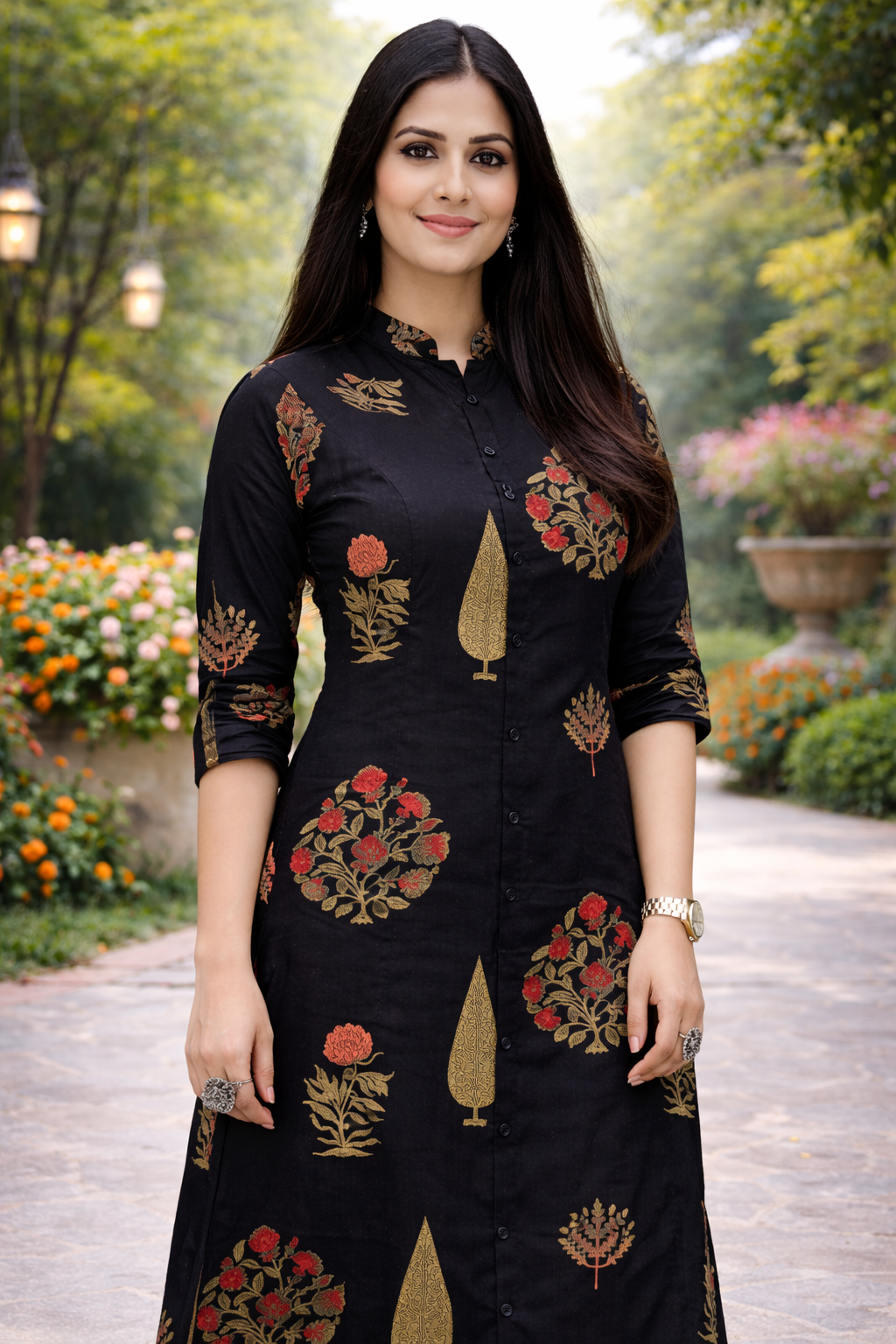 Cotton A-Line Floral Kurta Pant set - Black