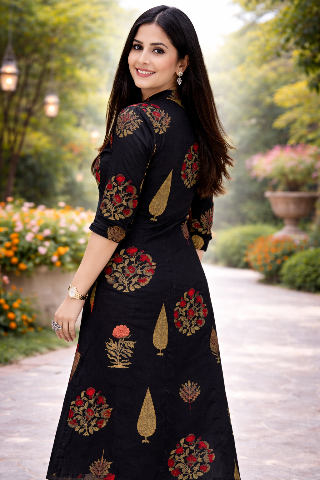 Cotton A-Line Floral Kurta Pant set - Black