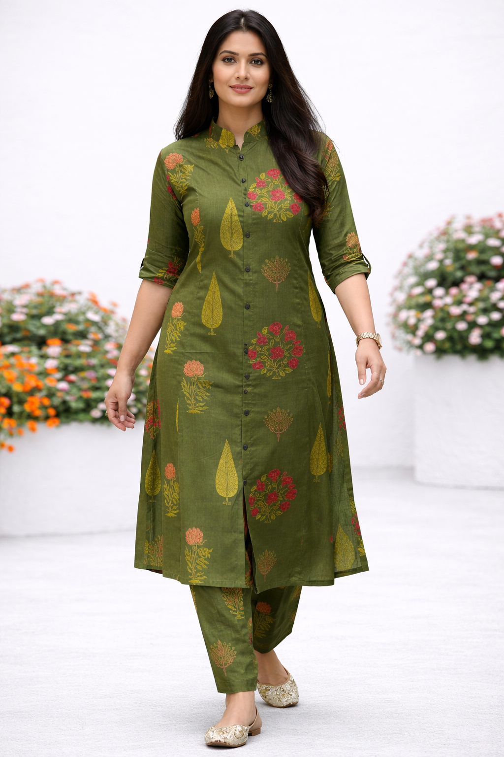 Cotton Straight Printed Floral kurta Pant set-Green