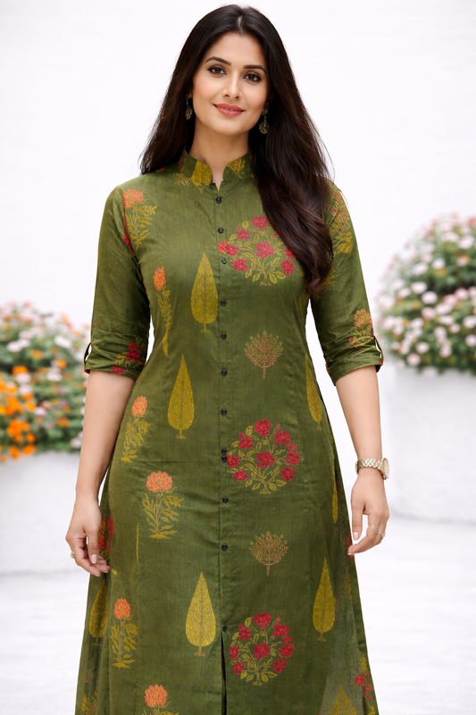 Cotton Straight Printed Floral kurta Pant set-Green