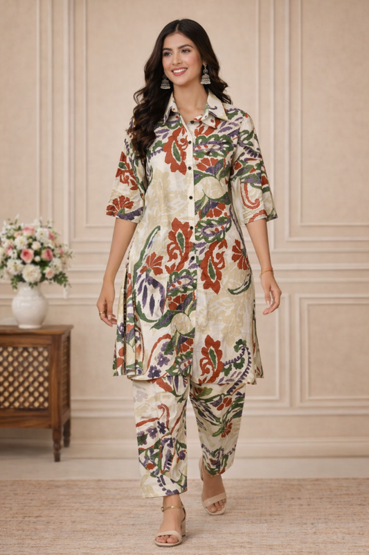 Cotton Printed A- Line Kurta Pant Set-Beige