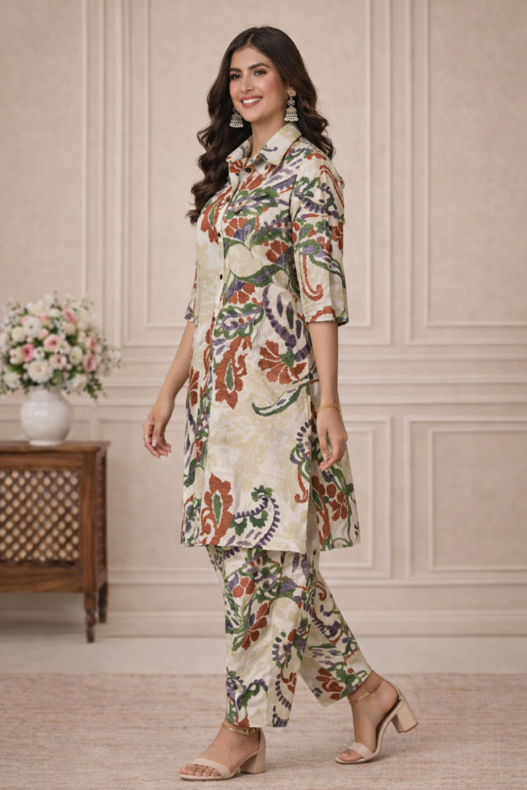 Cotton Printed A- Line Kurta Pant Set-Beige