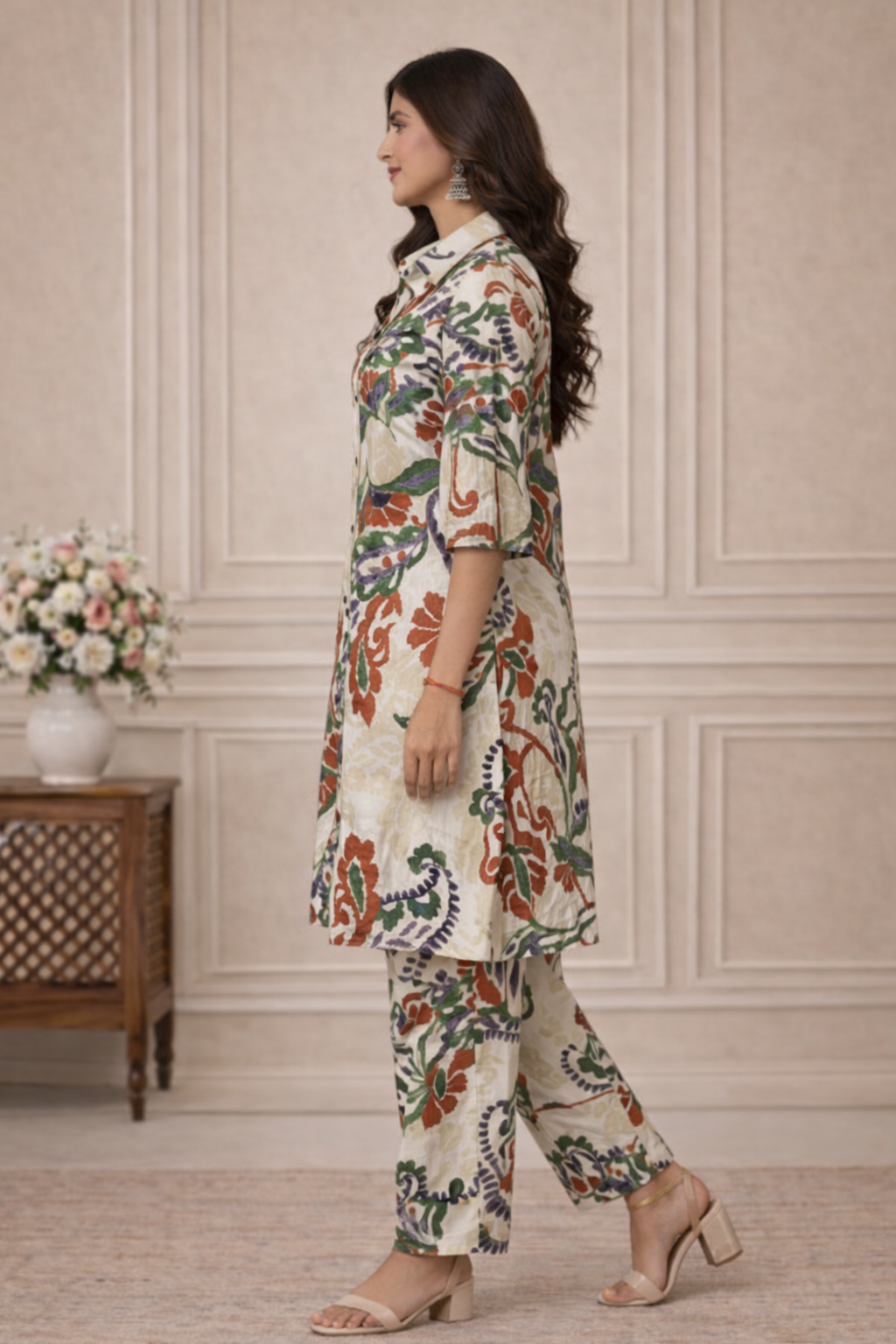Cotton Printed A- Line Kurta Pant Set-Beige