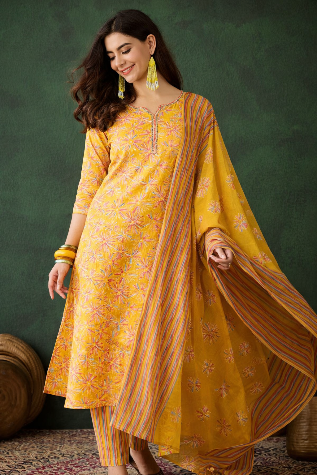 Cotton Printed Kurta with Pant and Dupatta-Yellow