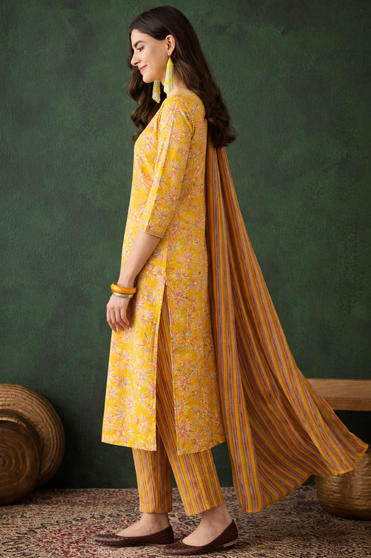 Cotton Printed Kurta with Pant and Dupatta-Yellow