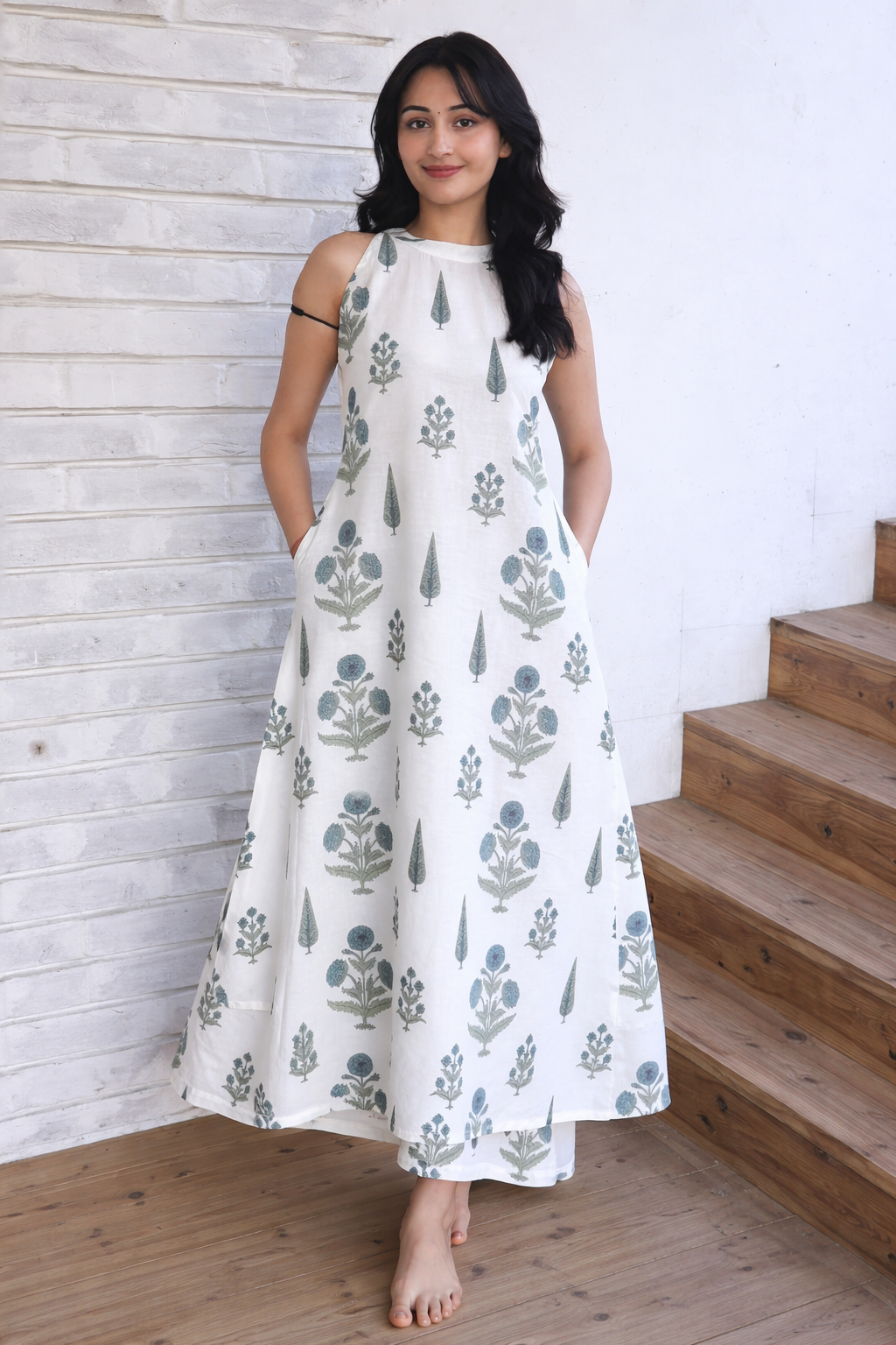 Cotton A-Line Sleeveless Kurta Palazzo set-white