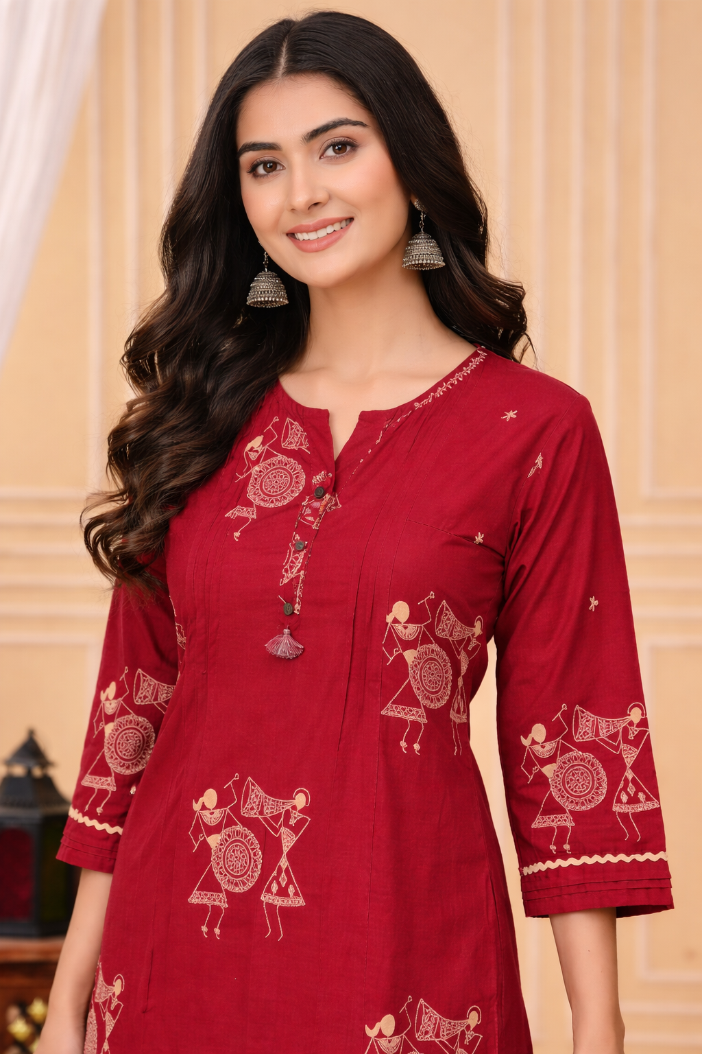 Cotton Printed Kurta Pant Set-Maroon