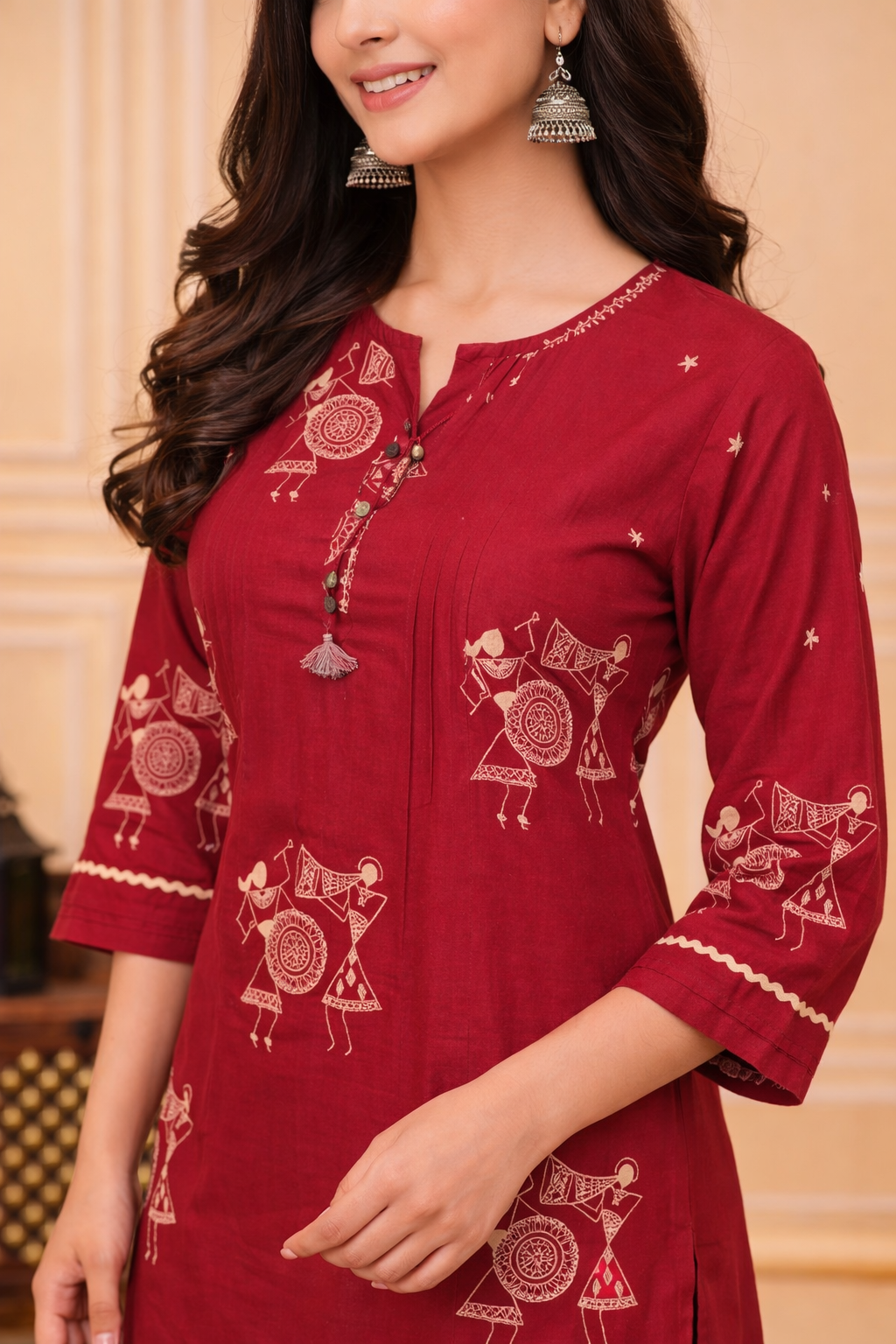 Cotton Printed Kurta Pant Set-Maroon