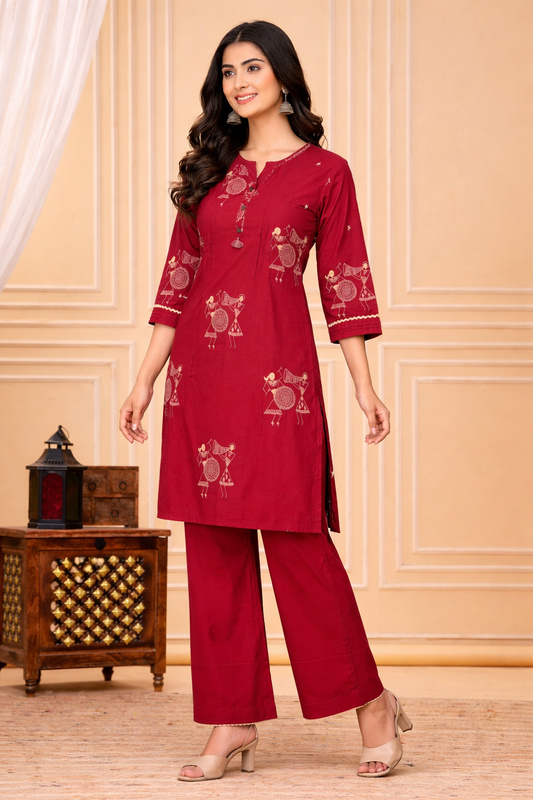 Cotton Printed Kurta Pant Set-Maroon