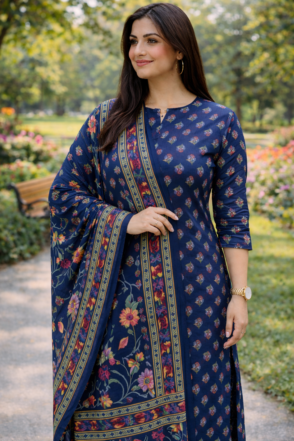 Azrakh Printed Cotton Kurta, Pant with Dupatta Set - Blue