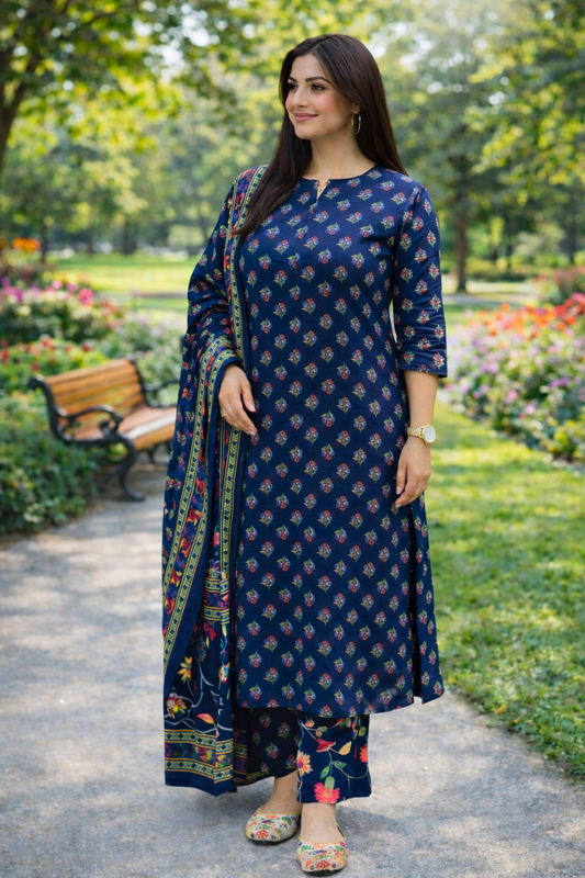 Azrakh Printed Cotton Kurta, Pant with Dupatta Set - Blue