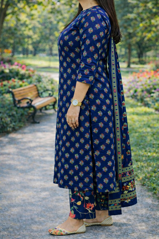 Azrakh Printed Cotton Kurta, Pant with Dupatta Set - Blue