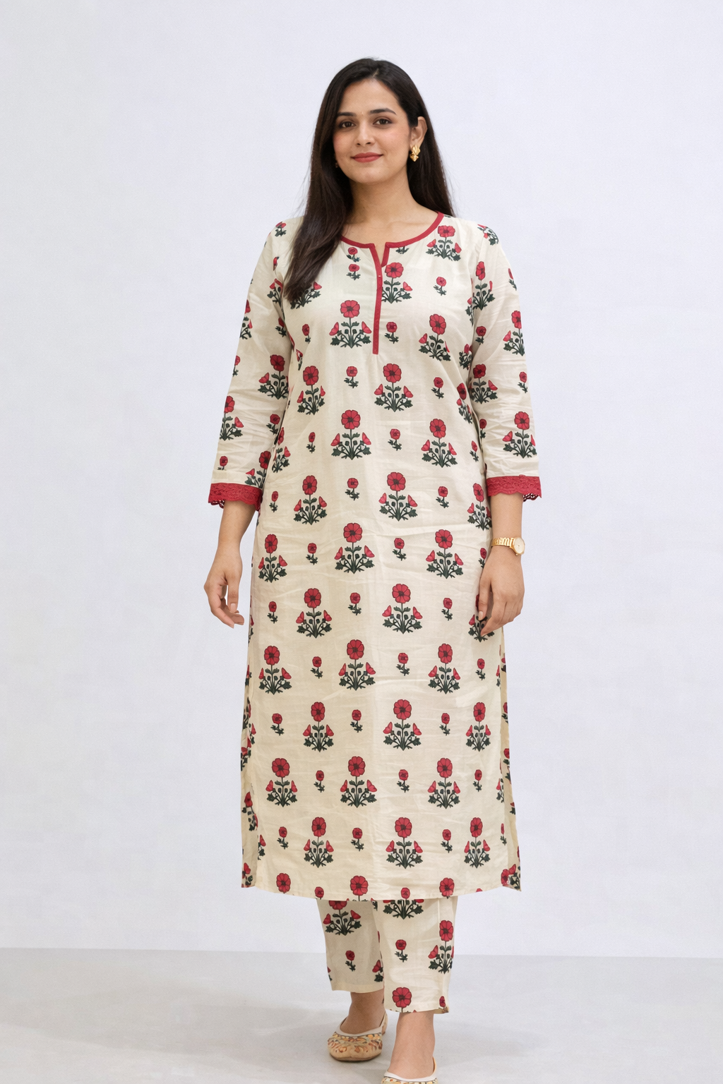 Cotton Printed  Straight Kurta Pant Set-Pink