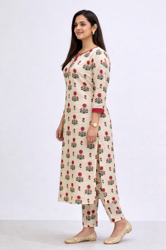 Cotton Printed  Straight Kurta Pant Set-Pink