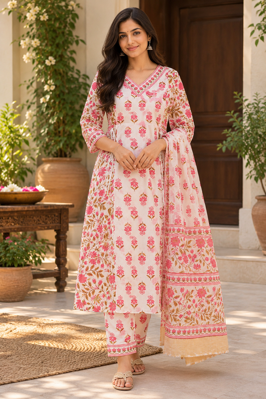 Straight Cotton Kurta Set with Dupatta-Red and White