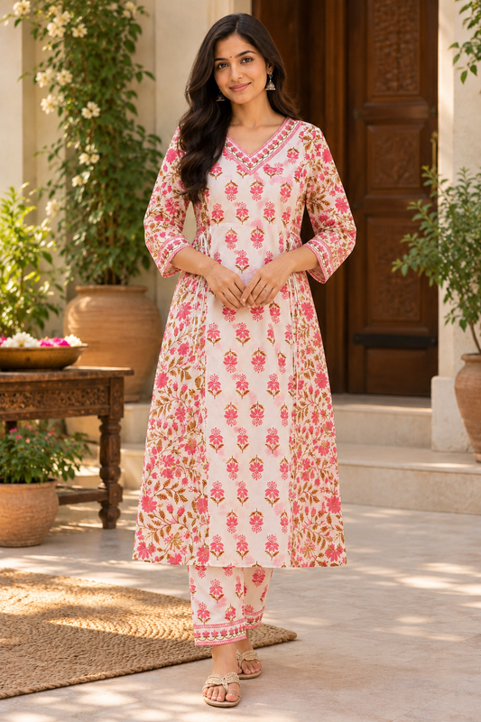 Straight Cotton Kurta Set with Dupatta-Red and White