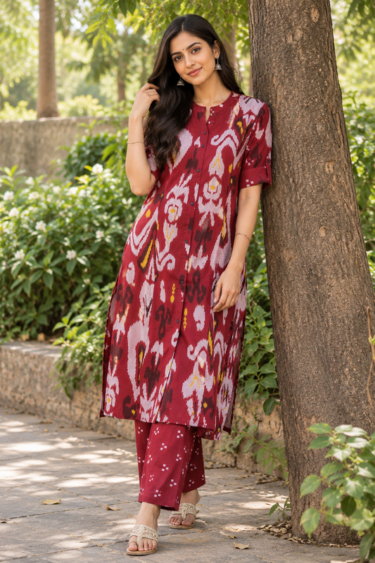 Cotton Printed Straight Kurta Pant Set- Rani color