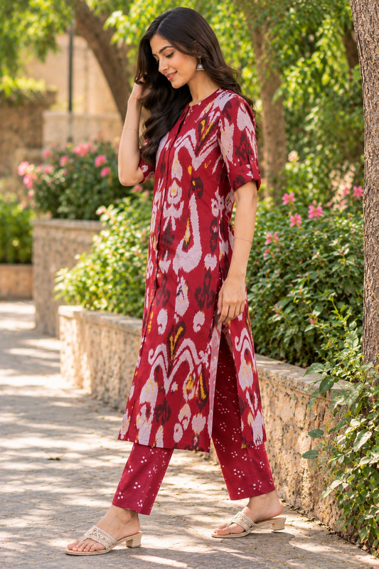 Cotton Printed Straight Kurta Pant Set- Rani color
