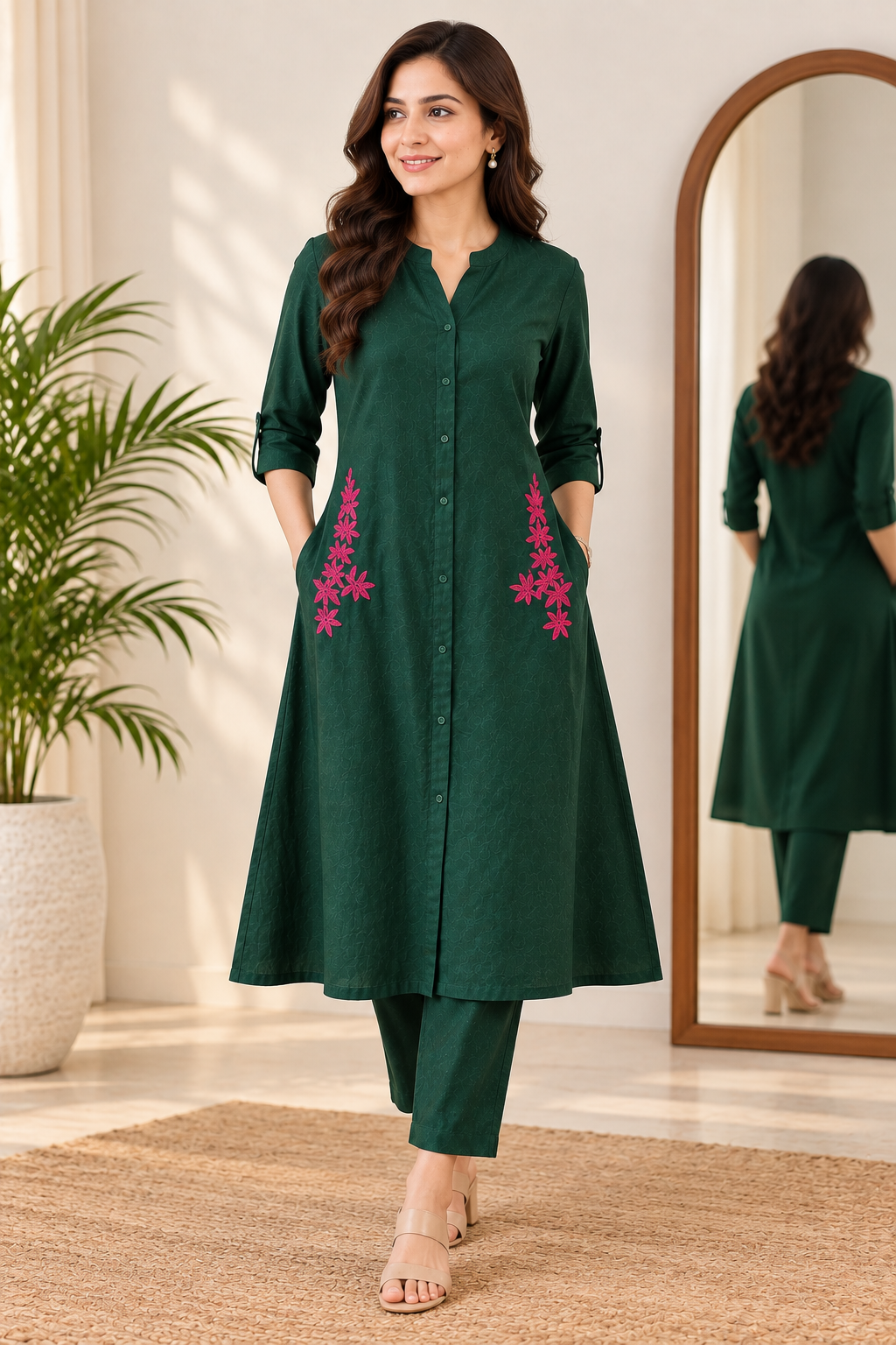 Cotton A-Line Embroidered Kurta Pant Set-Green