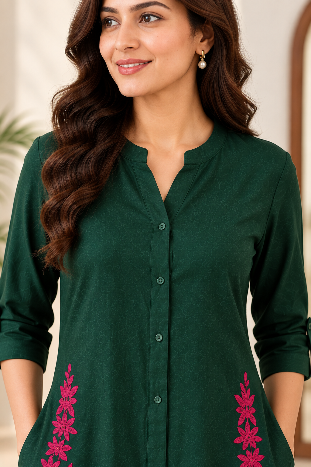 Cotton A-Line Embroidered Kurta Pant Set-Green