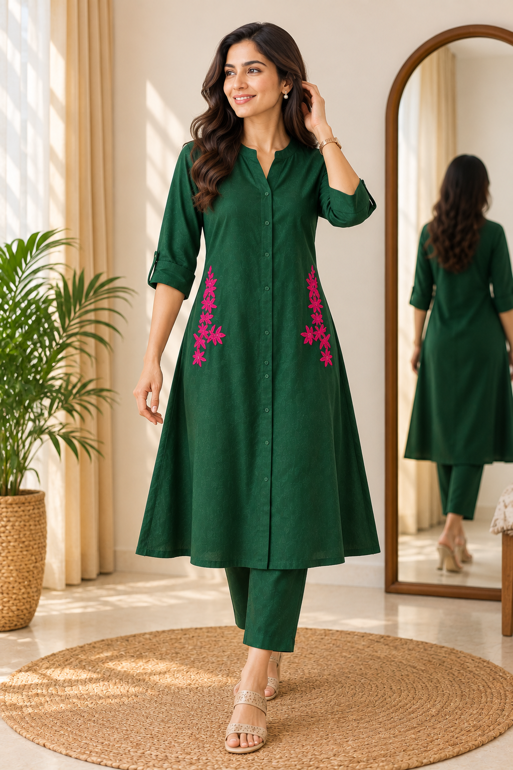 Cotton A-Line Embroidered Kurta Pant Set-Green