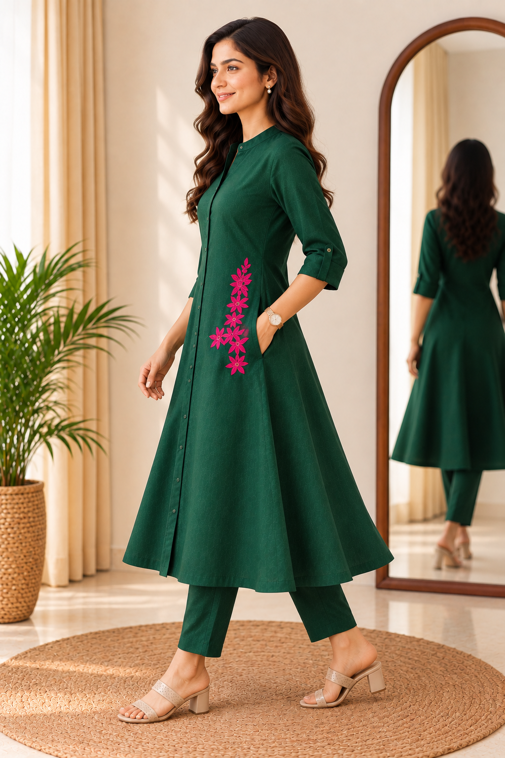 Cotton A-Line Embroidered Kurta Pant Set-Green