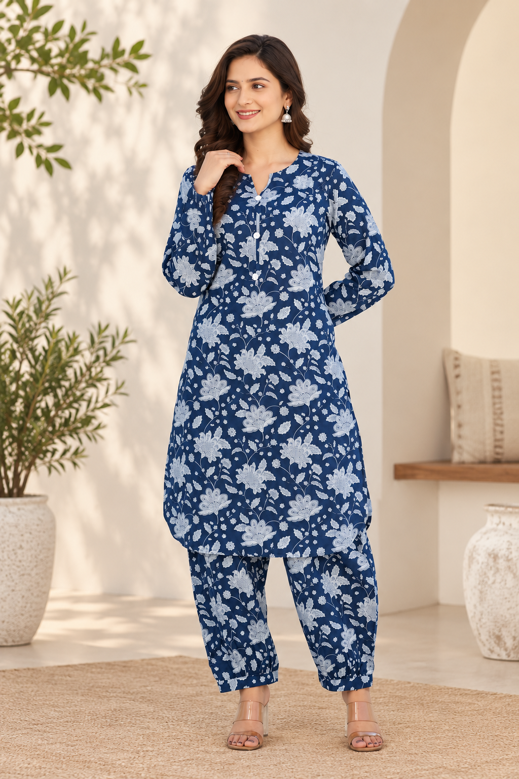 Cotton Straight Kurta with Afghani Pant Set-Blue