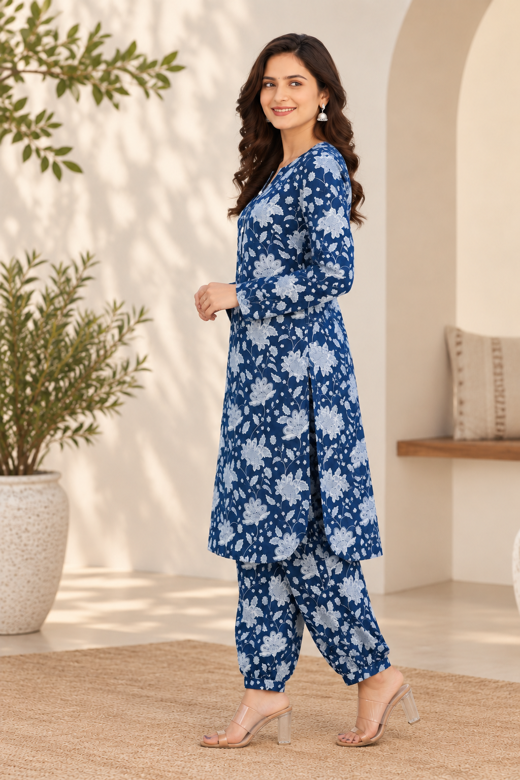 Cotton Straight Kurta with Afghani Pant Set-Blue