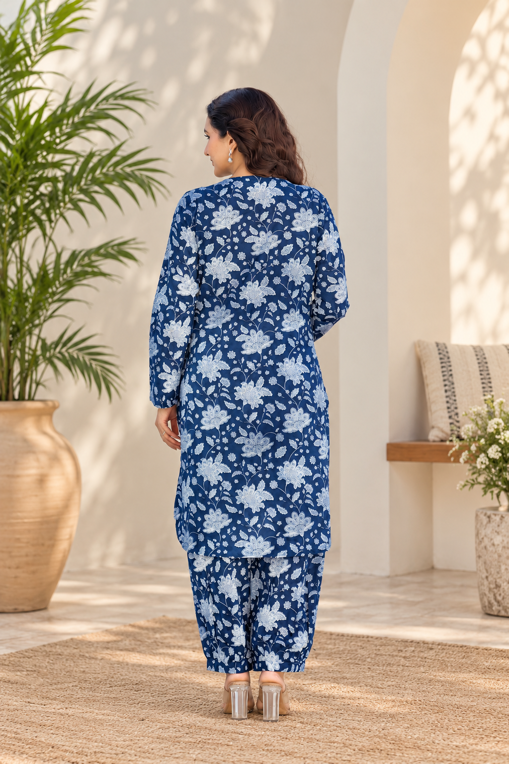 Cotton Straight Kurta with Afghani Pant Set-Blue