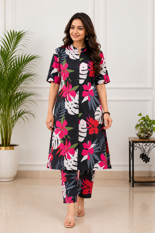 Cotton Printed Straight Kurta Pant Set- Black