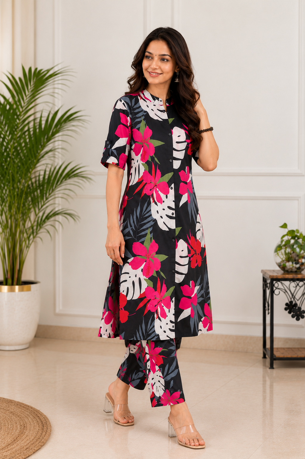 Cotton Printed Straight Kurta Pant Set- Black