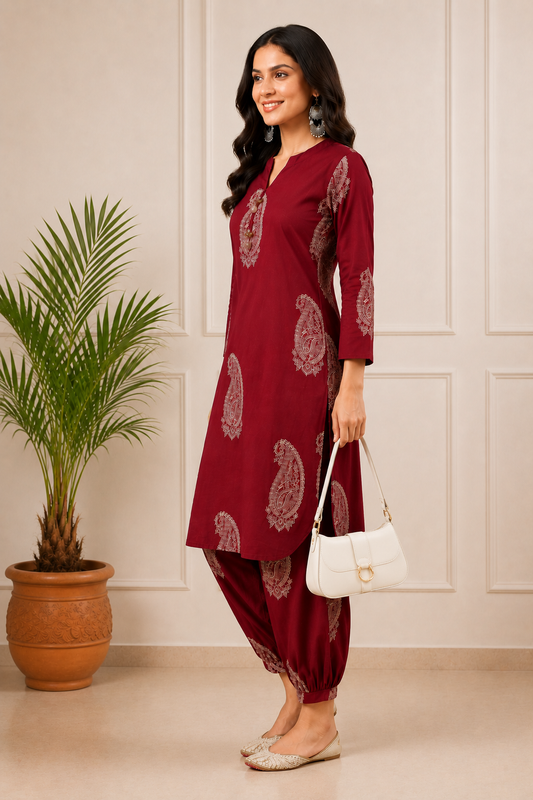 Straight Cotton Kurta with Pant Set-Maroon